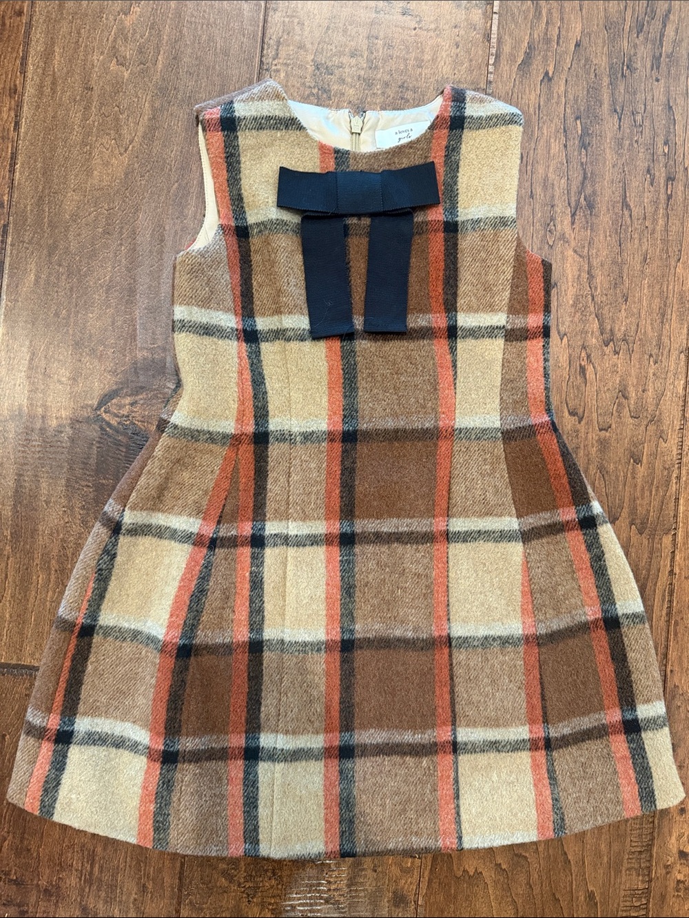 Plaid Bow-Front Girls' Formal Dress in Brown and Cream